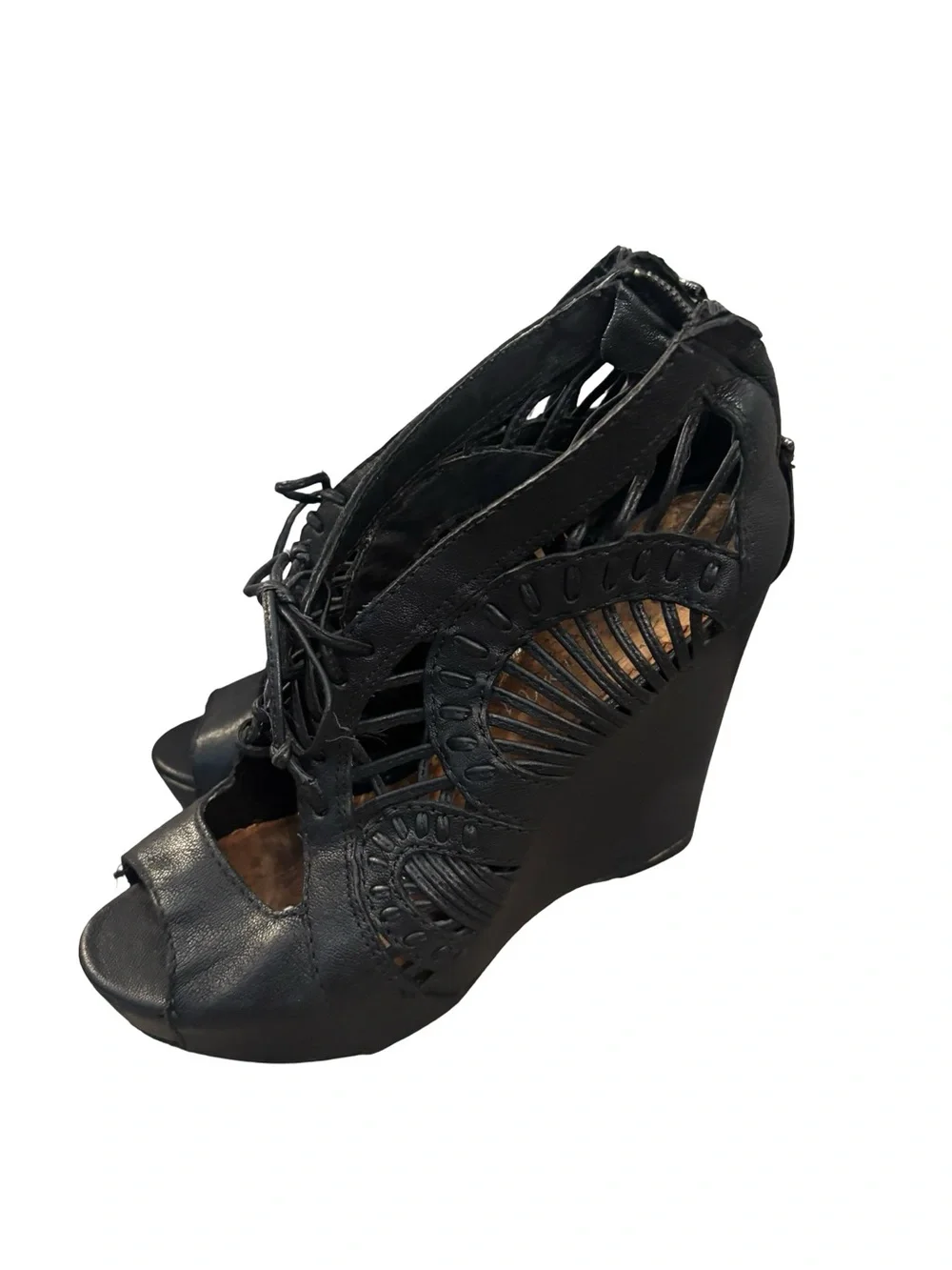 Sam Edelman Y2K Black Lace Up Platform Leather Boho Wedge Edgy Heels Size 8.5